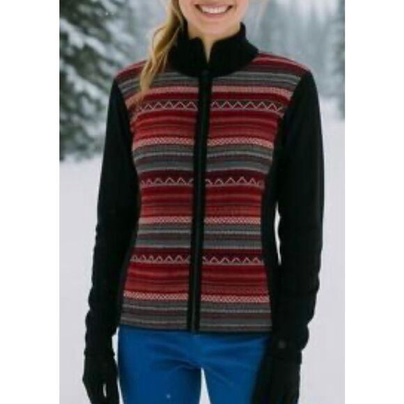 Obermeyer Fair Isle Merino Wool Blend Full Zip Up High Collar Sweater Women's M - Picture 1 of 11